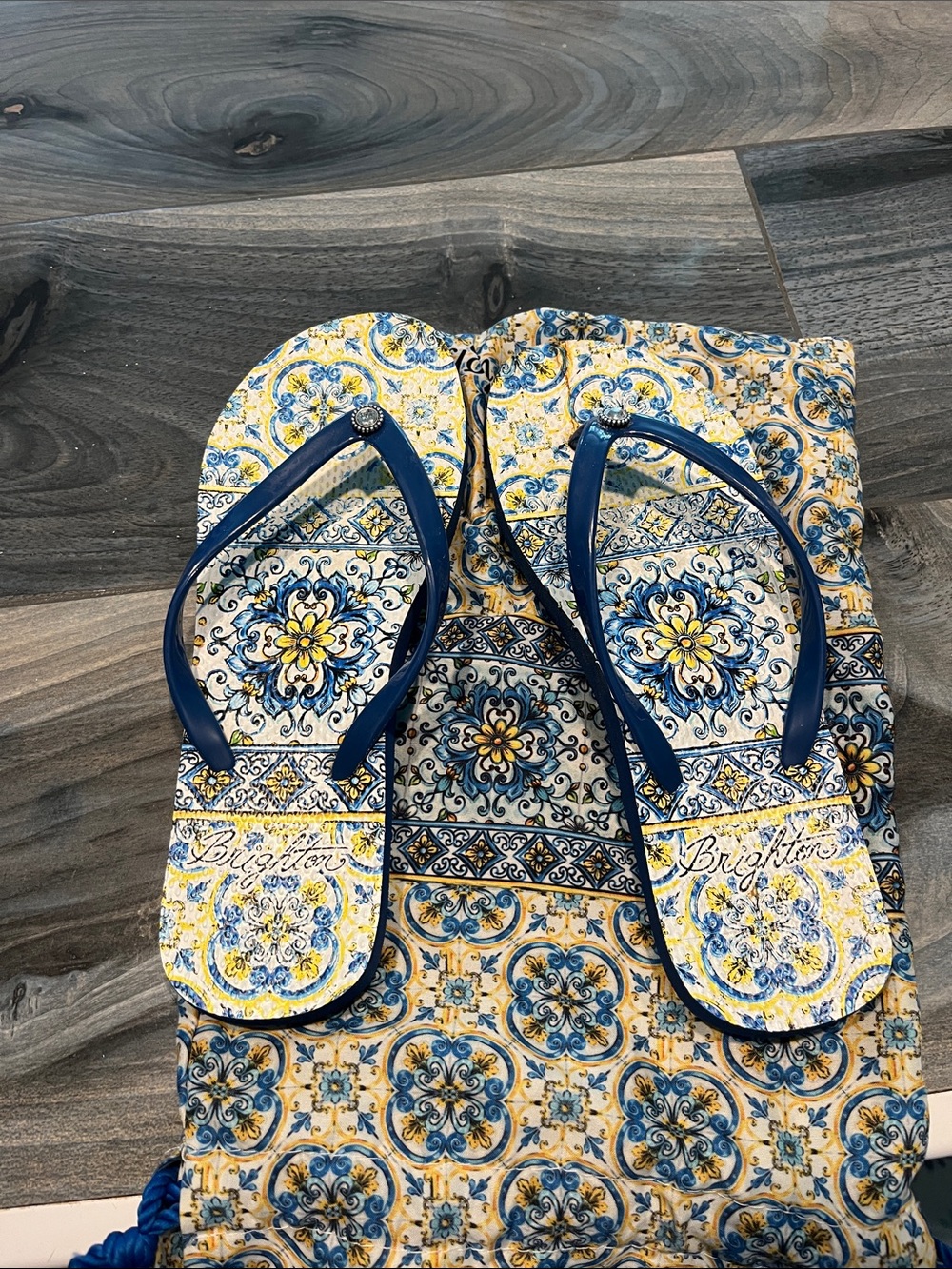 Brighton Blue and Yellow Decorative Flip-Flop Sandals